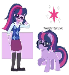Size: 1000x1080 | Tagged: safe, artist:little-tweenframes, banned from derpibooru, deleted from derpibooru, derpibooru import, sci-twi, twilight sparkle, ponified, pony, unicorn, series:sciset diary, equestria girls, argyle, arm behind head, clothes, cute, female, glasses, looking at you, mare, ponytail, raised hoof, reference sheet, shoes, simple background, skirt, socks, solo, sweater vest, transparent background