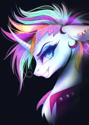 Size: 4961x7016 | Tagged: safe, artist:petrinox, banned from derpibooru, deleted from derpibooru, derpibooru import, rarity, pony, unicorn, it isn't the mane thing about you, absurd resolution, alternate hairstyle, bust, curved horn, ear piercing, female, grin, horn, looking at you, mare, mohawk, piercing, profile, punk, raripunk, smiling, solo