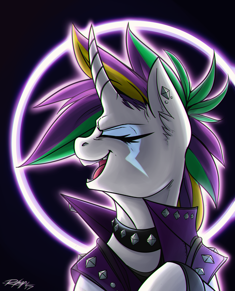 Size: 3236x4000 | Tagged: safe, artist:ryhaal, banned from derpibooru, deleted from derpibooru, derpibooru import, rarity, pony, unicorn, it isn't the mane thing about you, alternate hairstyle, clothes, ear piercing, eyes closed, female, mare, piercing, punk, raripunk, short hair, smiling, solo