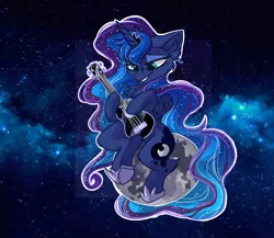 Size: 1728x1500 | Tagged: safe, artist:hiccupsdoesart, banned from derpibooru, deleted from derpibooru, derpibooru import, princess luna, alicorn, pony, female, guitar, moon, musical instrument, sitting, smiling, solo, space, tangible heavenly object, ukulele