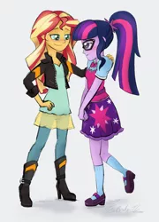 Size: 558x774 | Tagged: safe, artist:verumteednp, banned from derpibooru, deleted from derpibooru, derpibooru import, sci-twi, sunset shimmer, twilight sparkle, equestria girls, blushing, cute, female, lesbian, looking at each other, love, scitwishimmer, shipping, simple background, smiling, sunsetsparkle, twiabetes