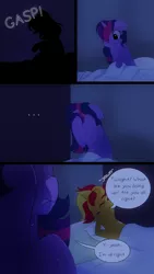 Size: 720x1280 | Tagged: safe, artist:little-tweenframes, banned from derpibooru, deleted from derpibooru, derpibooru import, sci-twi, sunset shimmer, twilight sparkle, ponified, pony, comic:an ace of hearts, series:sciset diary, bed, comic, dark, equestria girls ponified, eyes closed, female, floppy ears, gasp, hair over one eye, lesbian, pillow, scitwishimmer, shipping, sleeping, sleepy, sunsetsparkle, sweat, yawn