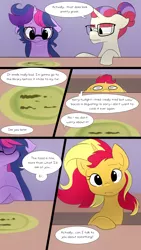 Size: 720x1280 | Tagged: safe, artist:little-tweenframes, banned from derpibooru, deleted from derpibooru, derpibooru import, moondancer, sci-twi, sunset shimmer, twilight sparkle, ponified, pony, comic:an ace of hearts, series:sciset diary, alternate hairstyle, bacon, burned, comic, disgusted, dishes, equestria girls ponified, female, food, funny face, hidden eyes, irony, lesbian, looking at each other, looking at you, meat, scared, scitwishimmer, serious, shipping, sunsetsparkle