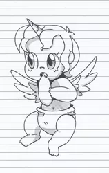 Size: 1137x1799 | Tagged: safe, artist:little-tweenframes, banned from derpibooru, deleted from derpibooru, derpibooru import, human, series:sciset diary, equestria girls, baby, cute, diaper, horn, horned humanization, humanized, inktober, lined paper, magical lesbian spawn, monochrome, offspring, parent:sci-twi, parent:sunset shimmer, parent:twilight sparkle, parents:scitwishimmer, parents:sunsetsparkle, traditional art, winged humanization, wings