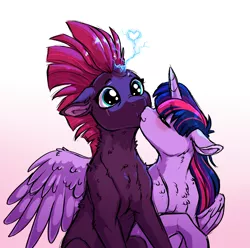 Size: 2365x2350 | Tagged: safe, artist:lopoddity, banned from derpibooru, deleted from derpibooru, derpibooru import, fizzlepop berrytwist, tempest shadow, twilight sparkle, twilight sparkle (alicorn), alicorn, pony, unicorn, my little pony: the movie, :t, blushing, broken horn, chest fluff, cute, dilated pupils, eye scar, eyes closed, female, floppy ears, fluffy, gradient background, heart, horn, hug, kissing, lesbian, magic, mare, nose wrinkle, scar, shipping, simple background, smiling, sparking horn, spread wings, tempestbetes, tempestlight, weapons-grade cute, white background, winghug, wings
