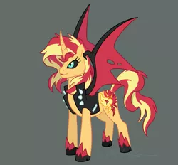 Size: 1089x1009 | Tagged: safe, artist:verumteednp, banned from derpibooru, deleted from derpibooru, derpibooru import, sunset shimmer, ponified, alicorn, bat pony, bat pony alicorn, pony, equestria girls, alicornified, bat wings, clothes, equestria girls ponified, gray background, horn, horseshoes, race swap, shimmercorn, simple background, solo, sunset satan, wings