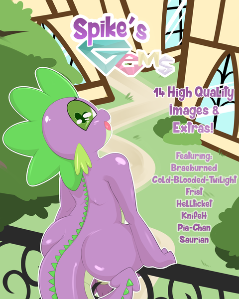 Size: 2000x2500 | Tagged: safe, artist:saurian, banned from derpibooru, deleted from derpibooru, derpibooru import, spike, dragon, art pack:spike's gems, advertisement, balcony, bootylicious, building, cute, explicit source, implied gay, large butt, looking at you, looking back, looking back at you, male, sexy, sitting, solo