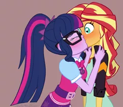 Size: 2048x1775 | Tagged: safe, artist:verumteednp, banned from derpibooru, deleted from derpibooru, derpibooru import, sci-twi, sunset shimmer, twilight sparkle, equestria girls, belt, blushing, bowtie, clothes, crying, duo, eyes closed, female, geode of empathy, geode of telekinesis, glasses, jacket, kissing, leather jacket, lesbian, love, magical geodes, ponytail, scitwishimmer, shipping, simple background, sunsetsparkle, surprise kiss, surprised
