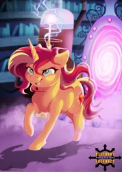 Size: 595x835 | Tagged: safe, artist:dvixie, banned from derpibooru, deleted from derpibooru, derpibooru import, sunset shimmer, pony, unicorn, equestria girls, commission, female, happy, magic mirror, mare, portal, smiling, smirk, solo