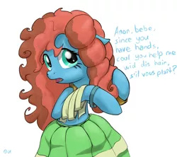 Size: 1472x1307 | Tagged: safe, artist:jh, banned from derpibooru, deleted from derpibooru, derpibooru import, meadowbrook, earth pony, pony, accent, alternate hairstyle, bipedal, cajun ponies, clothes, cute, dialogue, dress, head turn, implied anon, looking at you, loose hair, meadowcute, open mouth, simple background, skirt, solo, white background