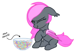 Size: 4380x2929 | Tagged: safe, artist:vito, banned from derpibooru, deleted from derpibooru, derpibooru import, oc, oc:heartbeat, unofficial characters only, bat pony, abstract background, bat pony oc, bat wings, bowl, candy, cute, eyes closed, floppy ears, food, nose wrinkle, raised hoof, scrunchy face, simple background, sitting, solo, transparent background, wings