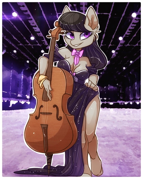 Size: 1200x1499 | Tagged: suggestive, artist:hiccupsdoesart, banned from derpibooru, deleted from derpibooru, derpibooru import, octavia melody, anthro, earth pony, unguligrade anthro, bare shoulders, breasts, busty octavia, cello, choker, cleavage, clothes, dress, female, hand on hip, image, jpeg, legs, little black dress, musical instrument, sexy, shoulderless, side slit, skirt, skirt lift, solo, solo female, stupid sexy octavia