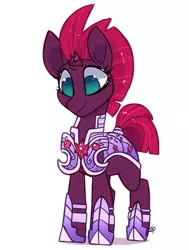 Size: 1133x1499 | Tagged: safe, artist:hiccupsdoesart, banned from derpibooru, deleted from derpibooru, derpibooru import, fizzlepop berrytwist, tempest shadow, pony, unicorn, my little pony: the movie, armor, broken horn, cute, female, guard, headcanon, horn, mare, royal guard, royal guard armor, simple background, smiling, solo, tempest becomes a royal guard, tempestbetes, white background