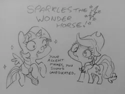 Size: 1280x960 | Tagged: safe, artist:dilarus, banned from derpibooru, deleted from derpibooru, derpibooru import, applejack, twilight sparkle, twilight sparkle (alicorn), alicorn, earth pony, pony, sparkles! the wonder horse!, dialogue, discrimination, duo, female, mare, monochrome, pencil drawing, traditional art