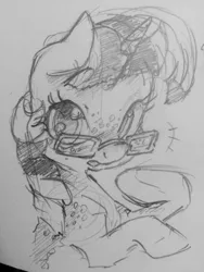 Size: 960x1280 | Tagged: safe, artist:dilarus, banned from derpibooru, deleted from derpibooru, derpibooru import, oc, oc:twilight dapple, unofficial characters only, pony, blushing, cute, freckles, glasses, magical lesbian spawn, monochrome, offspring, parent:princess luna, parent:twilight sparkle, parents:twiluna, solo, traditional art