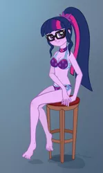 Size: 763x1280 | Tagged: suggestive, artist:verumteednp, banned from derpibooru, deleted from derpibooru, derpibooru import, sci-twi, twilight sparkle, equestria girls, adorasexy, barefoot, bikini, breasts, choker, clothes, cute, feet, female, glasses, gradient background, sexy, side-tie bikini, signature, sitting, smiling, solo, solo female, stool, swimsuit, twiabetes