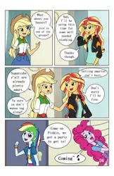 Size: 2650x4096 | Tagged: safe, artist:verumteednp, banned from derpibooru, deleted from derpibooru, derpibooru import, applejack, pinkie pie, rainbow dash, sunset shimmer, comic:sparkling shimmer, equestria girls, accent, clothes, comic, cowboy hat, dialogue, female, freckles, hat, jacket, multicolored hair, shirt, smiling, speech bubble, stetson, sugarcube, y'all
