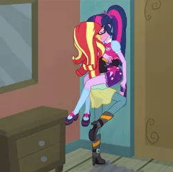 Size: 2048x2041 | Tagged: suggestive, artist:verumteednp, banned from derpibooru, deleted from derpibooru, derpibooru import, sci-twi, sunset shimmer, twilight sparkle, equestria girls, belt, between legs, boots, bowtie, clothes, door, drawer, eyes closed, female, glasses, high heel boots, indoors, jacket, kissing, leather jacket, lesbian, love, making out, mary janes, mirror, open mouth, ponytail, raised leg, scitwishimmer, shipping, shoes, skirt, sunsetsparkle, tongue out