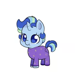 Size: 1300x1300 | Tagged: safe, artist:little-tweenframes, banned from derpibooru, deleted from derpibooru, derpibooru import, oc, oc:sparkling sapphire, unofficial characters only, pony, unicorn, series:sciset diary, :t, answer, baby, baby pony, blueberry, clothes, cute, female, foal, food, footed sleeper, hnnng, magical lesbian spawn, ocbetes, offspring, pajamas, parent:sci-twi, parent:sunset shimmer, parents:scitwishimmer, simple background, smiling, solo, white background