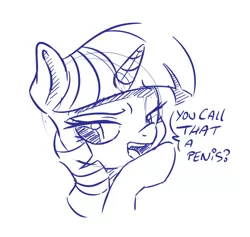 Size: 1512x1432 | Tagged: suggestive, artist:dilarus, banned from derpibooru, deleted from derpibooru, derpibooru import, twilight sparkle, pony, bust, dialogue, female, implied straight, mare, monochrome, open mouth, raised hoof, simple background, sketch, small penis humiliation, solo, solo female, twibitch sparkle, unimpressed, white background
