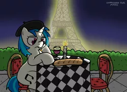 Size: 1648x1191 | Tagged: safe, artist:pokefound, banned from derpibooru, deleted from derpibooru, derpibooru import, vinyl scratch, pony, unicorn, alcohol, beret, cigarette, eiffel tower, female, france, french, hat, mare, smoking, solo, wine