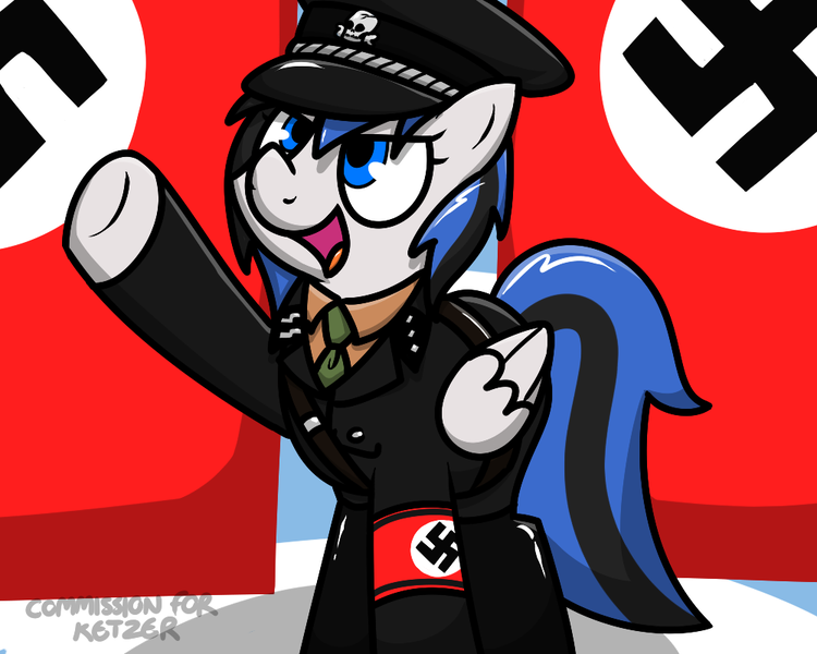 Size: 1000x800 | Tagged: safe, artist:pokefound, banned from derpibooru, deleted from derpibooru, derpibooru import, oc, oc:kezzie, unofficial characters only, pegasus, pony, banner, clothes, hat, nazi, swastika