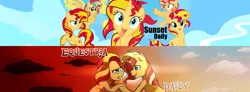 Size: 1903x700 | Tagged: artist needed, safe, artist:little-tweenframes, banned from derpibooru, deleted from derpibooru, derpibooru import, edit, sunset shimmer, alicorn, pony, unicorn, equestria daily, series:sciset diary, alicornified, banner, comforting, comparison, cute, female, looking at each other, mare, multeity, race swap, self ponidox, shimmerbetes, shimmercorn, shimmerstorm, slit eyes, smiling, sunset shimmer day, teary eyes, tongue out