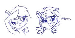 Size: 2648x1360 | Tagged: safe, artist:dilarus, banned from derpibooru, deleted from derpibooru, derpibooru import, derpy hooves, pegasus, pony, cute, female, mare, monochrome, onomatopoeia, raspberry, raspberry noise, salute, silly, silly face, silly pony, simple background, sketch, solo, tongue out