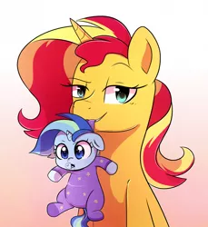 Size: 980x1071 | Tagged: safe, artist:little-tweenframes, banned from derpibooru, deleted from derpibooru, derpibooru import, sunset shimmer, oc, oc:sparkling sapphire, pony, unicorn, series:sciset diary, baby, baby pony, bubble, clothes, female, gradient background, i made this, lesbian, looking at you, magical lesbian spawn, mare, mother and child, mother and daughter, mouth hold, offspring, onesie, parent:sci-twi, parent:sunset shimmer, parents:scitwishimmer, raised eyebrow, shipping, smiling