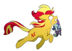 Size: 1357x956 | Tagged: safe, artist:little-tweenframes, banned from derpibooru, deleted from derpibooru, derpibooru import, sunset shimmer, oc, oc:sparkling sapphire, pony, unicorn, series:sciset diary, baby, baby pony, clothes, female, magical lesbian spawn, mare, mother and child, mother and daughter, mouth hold, offspring, panicking, parent:sci-twi, parent:sunset shimmer, parents:scitwishimmer, stink lines