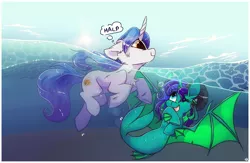 Size: 2300x1500 | Tagged: safe, artist:hiccupsdoesart, banned from derpibooru, deleted from derpibooru, derpibooru import, oc, unofficial characters only, giggling, halp, lake, ocean, scrunchy face, swimming, underwater, wave