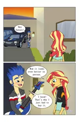 Size: 2650x4096 | Tagged: safe, artist:verumteednp, banned from derpibooru, deleted from derpibooru, derpibooru import, part of a set, flash sentry, sunset shimmer, comic:sparkling shimmer, equestria girls, car, clothes, comic, electric guitar, flash sentry's car, garage, guitar, house, just friends, musical instrument, open mouth, part of a series, vehicle