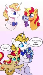 Size: 1000x1720 | Tagged: safe, artist:carouselunique, artist:honeycrisp-tales, artist:little-tweenframes, banned from derpibooru, deleted from derpibooru, derpibooru import, prince blueblood, sunset shimmer, oc, oc:sparkling sapphire, ponified, pony, unicorn, series:sciset diary, baby, baby pony, collaboration, dialogue, equestria girls ponified, female, magical lesbian spawn, male, mare, offspring, parent:sci-twi, parent:sunset shimmer, parents:scitwishimmer, smiling, stallion