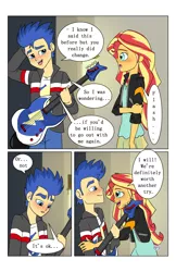 Size: 2650x4096 | Tagged: safe, artist:verumteednp, banned from derpibooru, deleted from derpibooru, derpibooru import, flash sentry, sunset shimmer, comic:sparkling shimmer, equestria girls, blushing, clothes, comic, electric guitar, female, flashimmer, guitar, jacket, looking at each other, male, musical instrument, shipping, shipping war in the comments, shirt, smiling, straight