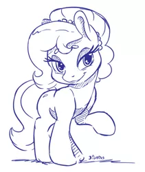 Size: 422x500 | Tagged: safe, artist:dilarus, banned from derpibooru, deleted from derpibooru, derpibooru import, oc, oc:brownie bun, unofficial characters only, earth pony, pony, beanbrows, eyebrows, female, looking at you, mare, monochrome, pearl, raised hoof, signature, simple background, smiling, solo, white background