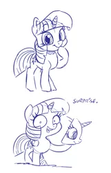 Size: 1500x2324 | Tagged: safe, artist:dilarus, banned from derpibooru, deleted from derpibooru, derpibooru import, twilight sparkle, twilight sparkle (alicorn), alicorn, pony, sparkles! the wonder horse!, dialogue, everything is ruined, female, looking at you, mare, mask, monochrome, open mouth, raised hoof, shrunken pupils, simple background, sketch, smiling, solo, wat, white background, xk-class end-of-the-world scenario