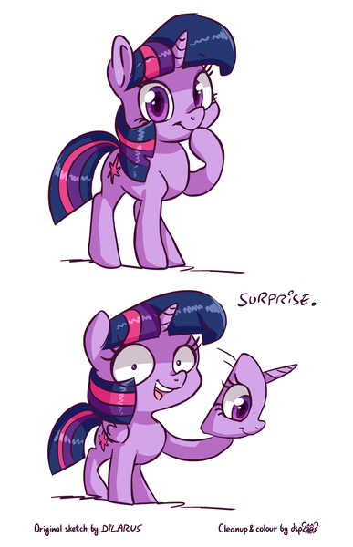 Size: 1500x2324 | Tagged: safe, artist:dilarus, artist:dsp2003, banned from derpibooru, deleted from derpibooru, derpibooru import, twilight sparkle, twilight sparkle (alicorn), alicorn, pony, unicorn, sparkles! the wonder horse!, collaboration, colored, dialogue, disguise, everything is ruined, female, looking at you, mare, mask, open mouth, raised hoof, shrunken pupils, simple background, smiling, solo, wat, white background, xk-class end-of-the-world scenario