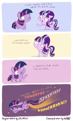 Size: 1162x1912 | Tagged: safe, artist:dilarus, artist:dsp2003, banned from derpibooru, deleted from derpibooru, derpibooru import, starlight glimmer, twilight sparkle, twilight sparkle (alicorn), alicorn, pony, unicorn, sparkles! the wonder horse!, the cutie map, collaboration, colored, comic, dialogue, doodle, equal cutie mark, female, flying, fridge logic, hypocrisy, mare, sunglasses, traditional art, vulgar