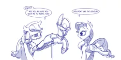 Size: 6000x3000 | Tagged: suggestive, artist:dilarus, banned from derpibooru, deleted from derpibooru, derpibooru import, applejack, rarity, earth pony, pony, unicorn, blue, breast collar, bridle, dialogue, duo, female, implied lesbian, implied rarijack, implied shipping, mannequin, mare, monochrome, reins, saddle, simple background, sketch, tack, white background