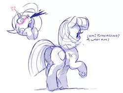 Size: 4000x3000 | Tagged: suggestive, artist:dilarus, banned from derpibooru, deleted from derpibooru, derpibooru import, maud pie, trixie, earth pony, pony, unicorn, blood, blushing, butt, dialogue, female, heart, lesbian, looking back, mare, mauxie, monochrome, nose wrinkle, nosebleed, partial color, plot, raised hoof, shipping, simple background, sketch, speech bubble, underhoof, white background