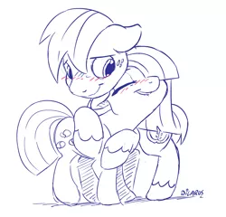 Size: 2427x2330 | Tagged: safe, artist:dilarus, banned from derpibooru, deleted from derpibooru, derpibooru import, big macintosh, marble pie, earth pony, pony, blushing, cute, female, hug, lip bite, male, marblemac, mare, monochrome, partial color, shipping, simple background, stallion, straight, white background