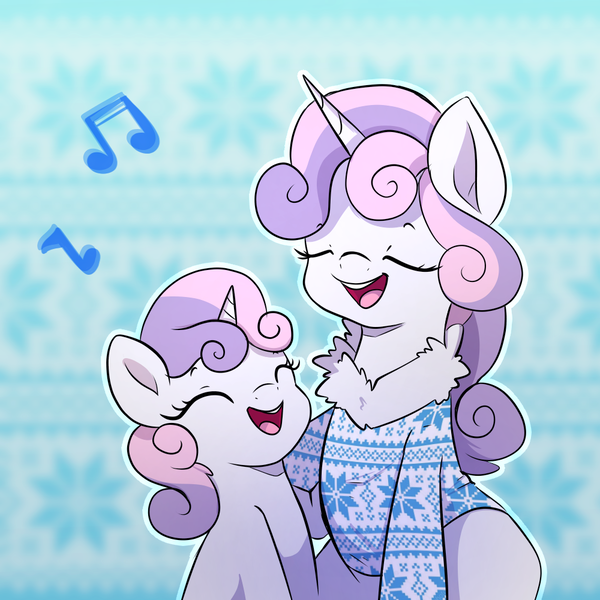Size: 1000x1000 | Tagged: safe, artist:little-tweenframes, banned from derpibooru, deleted from derpibooru, derpibooru import, sweetie belle, ponified, pony, unicorn, series:sciset diary, clothes, duality, duet, equestria girls ponified, eyes closed, female, filly, music notes, older, self paradox, self ponidox, singing, smiling, sweater
