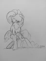 Size: 960x1280 | Tagged: safe, artist:dilarus, banned from derpibooru, deleted from derpibooru, derpibooru import, fluttershy, pegasus, pony, blushing, female, floppy ears, grayscale, hiding behind wing, mare, monochrome, pencil drawing, raised hoof, solo, traditional art, wings