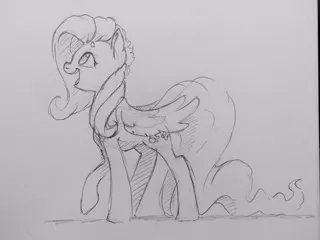 Size: 1280x960 | Tagged: safe, artist:dilarus, banned from derpibooru, deleted from derpibooru, derpibooru import, fluttershy, pegasus, pony, female, grayscale, looking up, mare, monochrome, open mouth, pencil drawing, solo, traditional art, walking