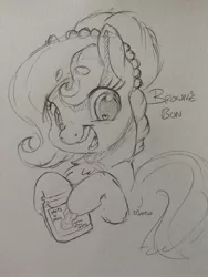 Size: 2448x3264 | Tagged: safe, artist:dilarus, banned from derpibooru, deleted from derpibooru, derpibooru import, oc, oc:brownie bun, unofficial characters only, earth pony, pony, female, food, mare, monochrome, peanut butter, pencil drawing, solo, traditional art
