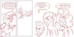 Size: 4000x2000 | Tagged: safe, artist:dilarus, banned from derpibooru, deleted from derpibooru, derpibooru import, gilda, pinkie pie, rainbow dash, spike, dragon, gryphon, pony, griffon the brush off, comic, female, mare, monochrome, simple background, sketch, white background