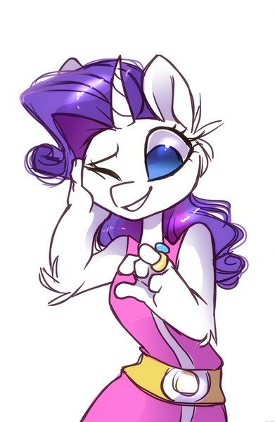 Size: 1500x2300 | Tagged: safe, artist:hiccupsdoesart, banned from derpibooru, deleted from derpibooru, derpibooru import, rarity, anthro, unicorn, clothes, cute, dress, engagement, engagement ring, female, image, jpeg, one eye closed, raribetes, simple background, smiling, solo, white background