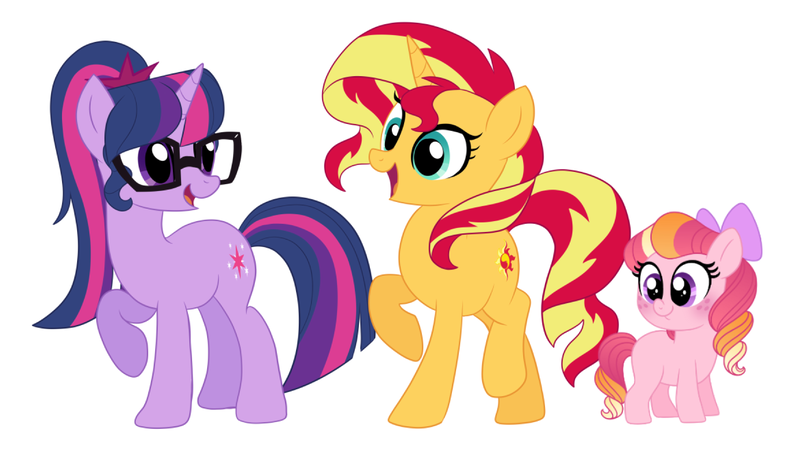 Size: 1754x985 | Tagged: safe, artist:carouselunique, artist:little-tweenframes, banned from derpibooru, deleted from derpibooru, derpibooru import, sci-twi, sunset shimmer, twilight sparkle, oc, oc:honeycrisp blossom, earth pony, pony, unicorn, series:sciset diary, blank flank, bow, collaboration, female, filly, freckles, hair bow, lesbian, offspring, parent:big macintosh, parent:princess cadance, parents:cadmac, scitwishimmer, shipping, show accurate, simple background, sunsetsparkle, vector, white background