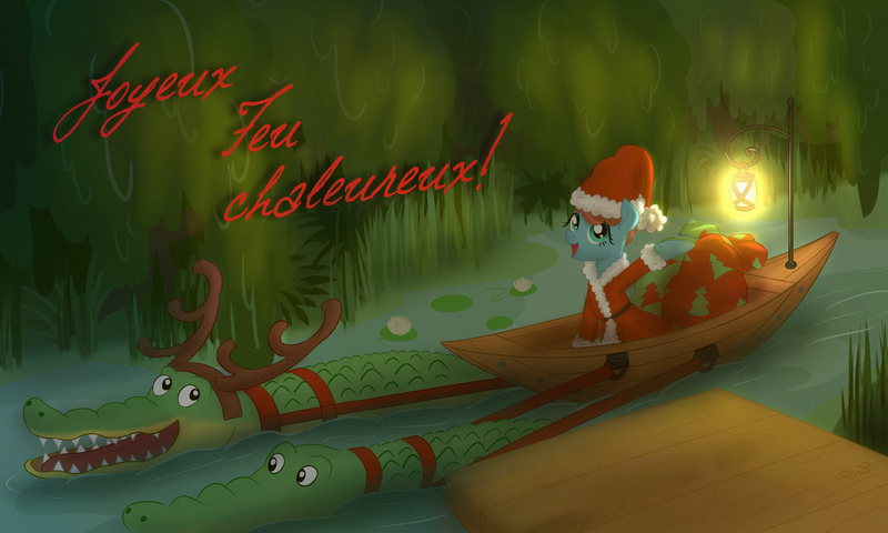 Size: 5000x3000 | Tagged: safe, artist:jh, banned from derpibooru, deleted from derpibooru, derpibooru import, meadowbrook, alligator, earth pony, pony, boat, cajun ponies, christmas, fake antlers, female, french, hat, hayseed swamp, hearth's warming, hearth's warming eve, holiday, lantern, mare, santa hat, solo