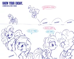Size: 5000x4000 | Tagged: safe, artist:dilarus, banned from derpibooru, deleted from derpibooru, derpibooru import, pinkie pie, rainbow dash, earth pony, pegasus, pony, comic:know your enemy, absurd resolution, comic, duo, female, happy, mare, monochrome, neo noir, partial color, pronking, simple background, smiling, speech bubble, tag (game), title page, white background